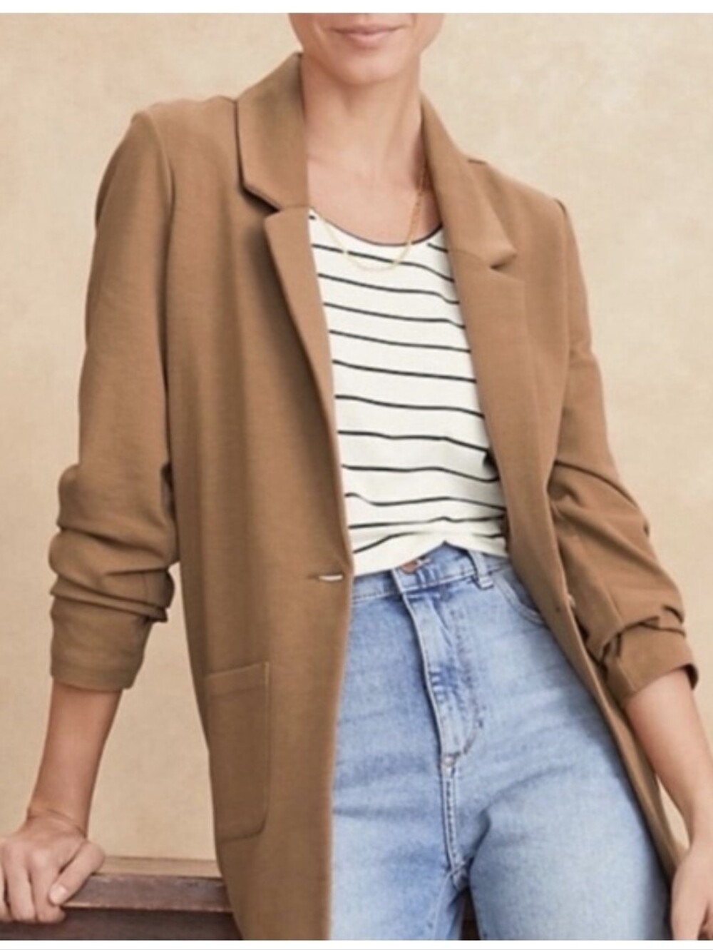 Garnet Hill Knit Relaxed Blazer Ponte Praline Brown Camel Tan NWT Academia Sz 12 - Picture 1 of 10